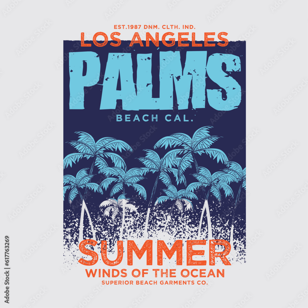 Poster tee print design with typo and palms drawing as vector