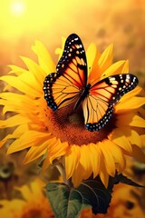Close up of butterfly perched on sunflower, created using generative ai technology
