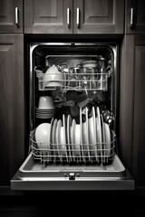 Interior of dishwasher packed with dishes with door open, created using generative ai technology