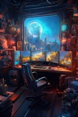 Fototapeta premium Room with screens with video game and gaming chair, created using generative ai technology