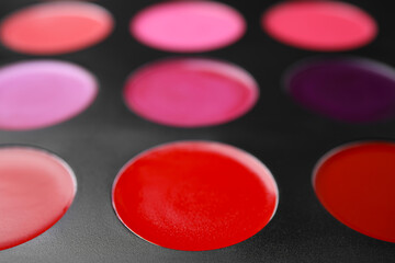 Cream lipstick palette as background, closeup. Professional cosmetic product