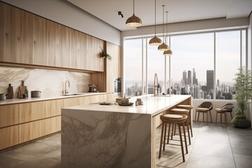 Interior of a contemporary kitchen made of marble and wood, featuring an island, furnishings, appliances, and a window with a view of the city. Generative AI