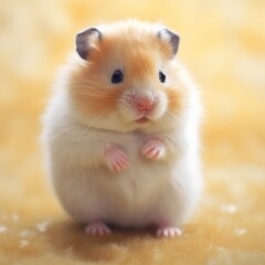 Close up of cute hamster on blurred orange background, created using generative ai technology