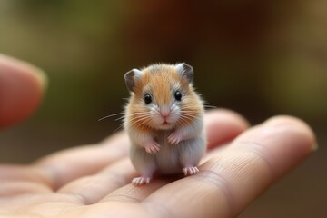 Close up of cute hamster standing on human hand, created using generative ai technology