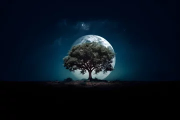 Papier peint adhésif Pleine Lune arbre 1本の木と幻想的な風景　with generative ai