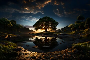 1本の木と夜明けの幻想的な風景　with generative ai