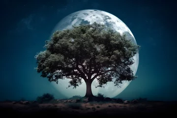 Papier Peint photo Pleine Lune arbre 1本の木と幻想的な風景　with generative ai