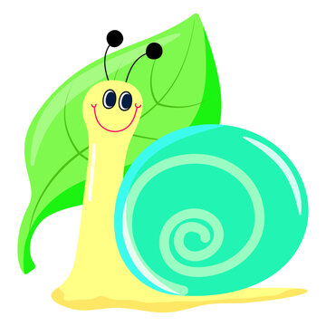 Ηappy yellow snail with turquoise shell looks back. Cartoon colored vector illustration on white background for children's book, decoration, print.