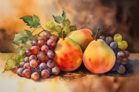 Watercolour with red grapes and pears, created using generative ai technology