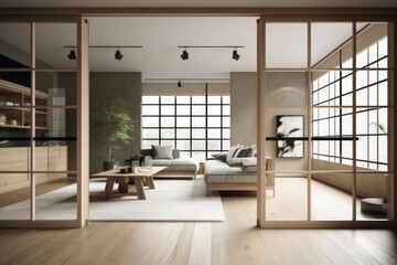Opened glass tatami door to living room, created using generative ai technology