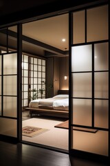 Opened glass tatami door to bedroom, created using generative ai technology