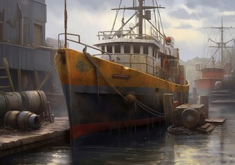Cargo boat in shipyard port, created using generative ai technology