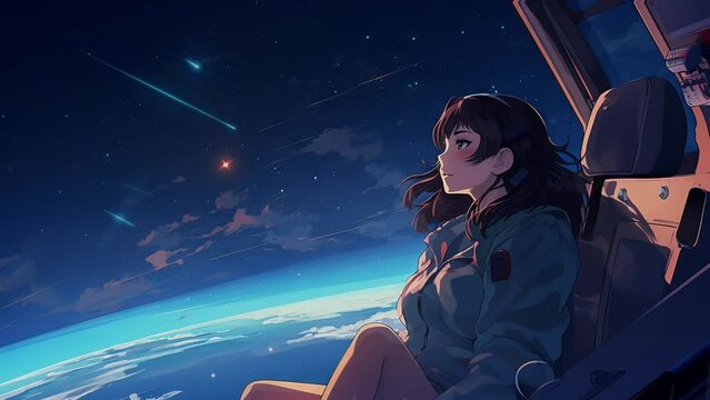 Cute anime girl looking at the night sky. Spaceship. Futuristic illustration. Music video background. For lo-fi chill hip hop songs. Cartoon artwork of woman in space. Planet earth from space station.