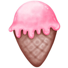 Hand drawn cute cartoon strawberry ice cream cone watercolor illustration.