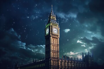 Lit big ben tower in london at night, created using generative ai technology - obrazy, fototapety, plakaty