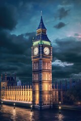 Fototapeta na wymiar Lit big ben tower in london at night, created using generative ai technology