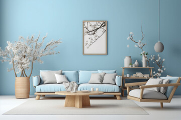 plant home sofa apartment interior design furniture wall blue room modern. Generative AI.
