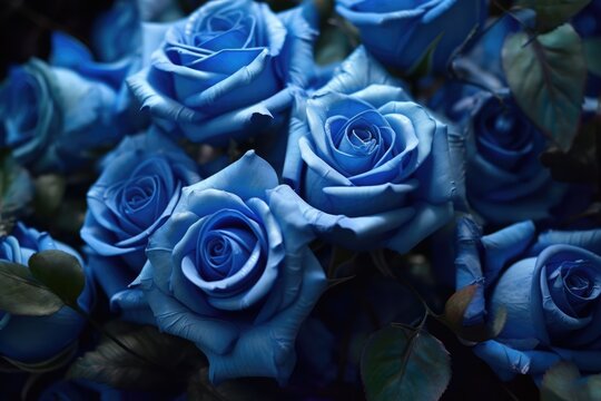 Close up of blue roses on black background, created using generative ai technology