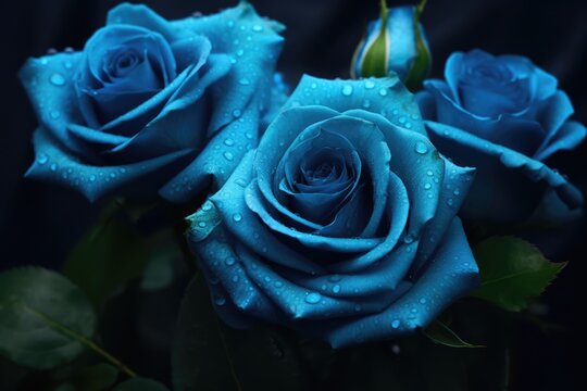 Close up of blue roses with water drops, created using generative ai technology