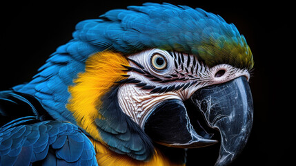 Closeup of blue ara macaw on black background, studio posrtrait, ai generative