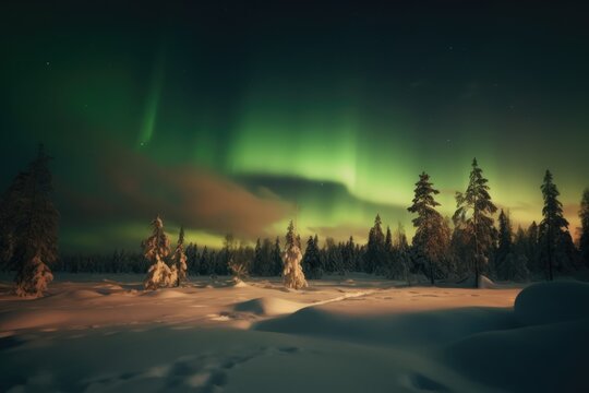 Aurora borealis in snowscape landscape, created using generative ai technology