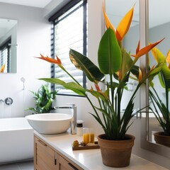 Close up of bird of paradise plant and flower in bathroom, created using generative ai technology