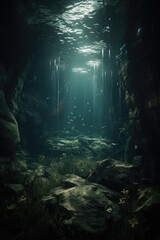 Rays of sunlight, fish and plant life in underwater cave, created using generative ai technology