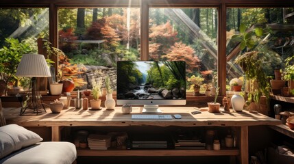 Fototapeta premium Poster mock up in home interior background, home office, Scandi-boho style,&nbsp;3d&nbsp;render. Created with generative ai.