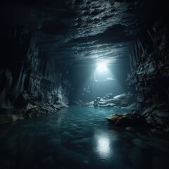 Rays of sunlight in underwater cave, created using generative ai technology