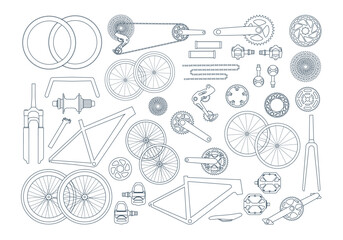 Scheme, set of bicycle parts, details, components in sketch line. Elements of a gravel, road, mtb bike. Fork, wheels, chain, frame, crankset, pedals. Isolated vector illustration in outline style