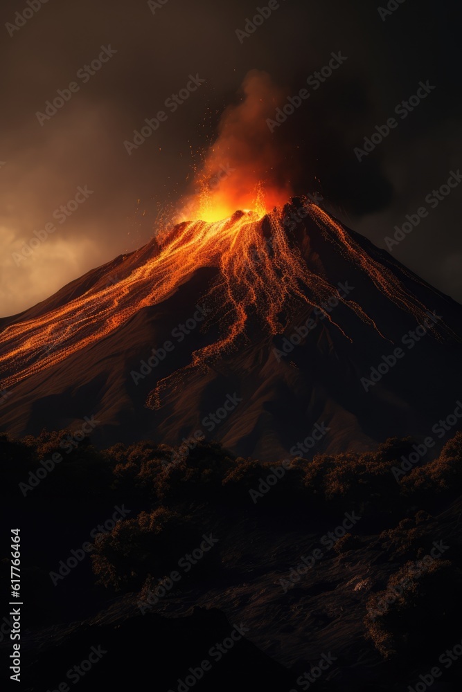 Wall mural active volcano erupting with smoke and lava at night, created using generative ai technology