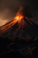 Active volcano erupting with smoke and lava at night, created using generative ai technology - obrazy, fototapety, plakaty