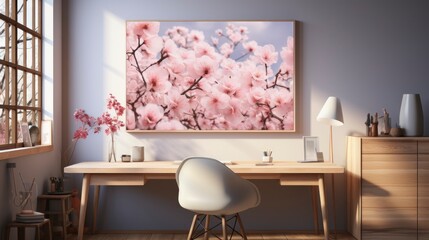 Obraz premium Poster mock up in home interior background, home office, Scandi-boho style,&nbsp;3d&nbsp;render. Created with generative ai.