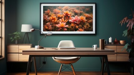 Poster mock up in home interior background, home office, Scandi-boho style, 3d render. Created with generative ai.