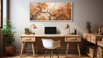 Poster mock up in home interior background, home office, Scandi-boho style,&nbsp;3d&nbsp;render. Created with generative ai.