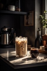 Glass of iced cafe latte on counter in sun, created using generative ai technology