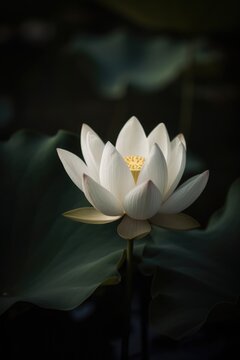 White and yellow lotus flower and leaves on dark background, created using generative ai technology