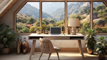 Obraz premium Poster mock up in home interior background, home office, Scandi-boho style,&nbsp;3d&nbsp;render. Created with generative ai.