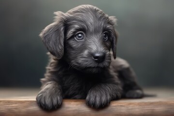 Portrait of cute grey puppy with dark eyes lying on wood, created using generative ai technology