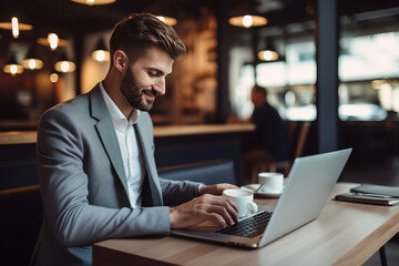 Businessman using laptop in coffee shop. Generative AI