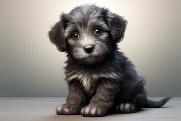 Portrait of cute grey puppy with dark eyes sitting, created using generative ai technology