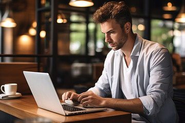 Businessman using laptop in coffee shop. Generative AI