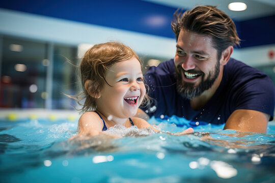Candid capture of a young girl with an adult swimming . Generative AI