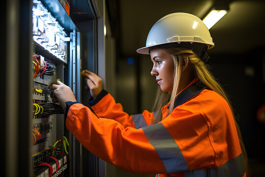 Female Commercial Electrician At Work. Generative AI