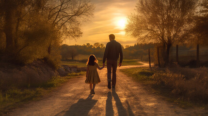 a father and daughter walking hand in hand along a scenic pathway during the golden hour,  AI-Generated