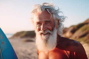 Close up portrait of mature senior man with surf board. Generative AI
