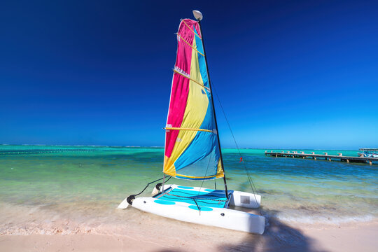 Color catamaran sailboat, windsurf, kayak, and parasailing summer water activities on tropical island beach and caribbean sea shore