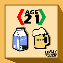 A glass of beer and a box of cow's milk with the inscription and arrows indicating the age limit on a brown board on light brown background to commemorate Legal Drinking Age Day on July 21