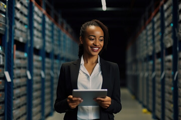 Data Center Female e-Business Entrepreneur Use Tablet Computer with Pleasure Smile. Generative AI