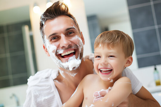 Fun on fathers day Dad and his son have fun shaving together. Generative AI